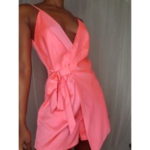 NWT Wrapped In Your Love Neon Pink Satin Romper